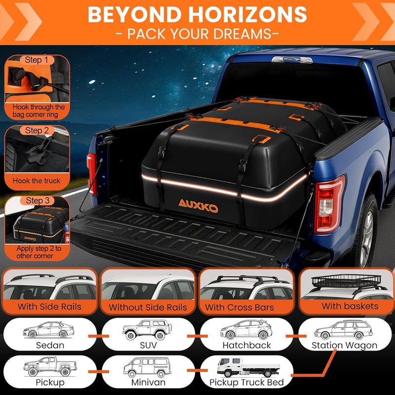 AUXKO 15 Cu.Ft Waterproof Rooftop Cargo Carrier for Cars/SUVs/Trucks, Foldable Soft Shell Roof Bag with Night-Reflective Strip, 6 Adjustable Bungee Straps & Door Hooks, Combination Lock, Anti-Slip Mat - Image 2